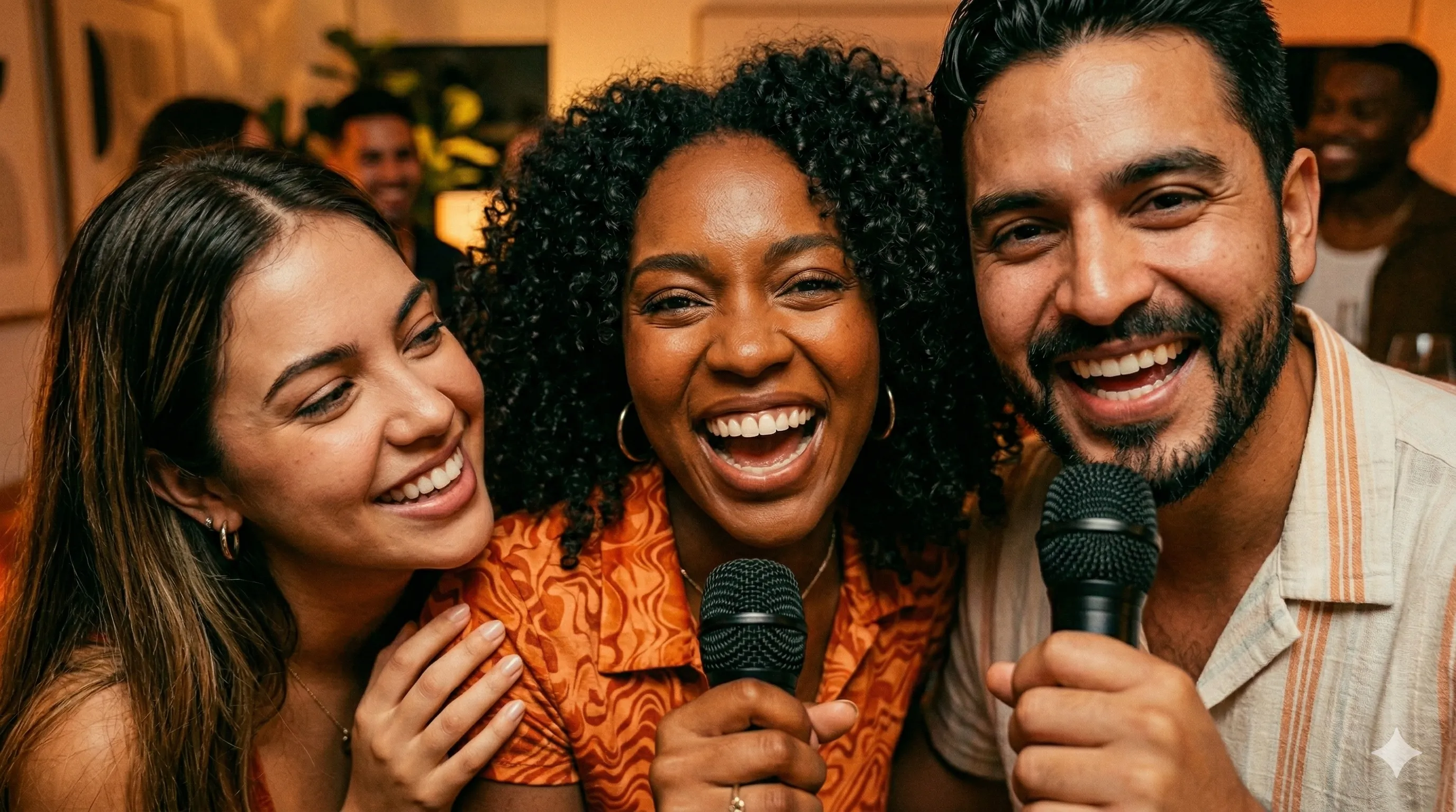 Close-up of friends singing karaoke and smiling at a Miami house party