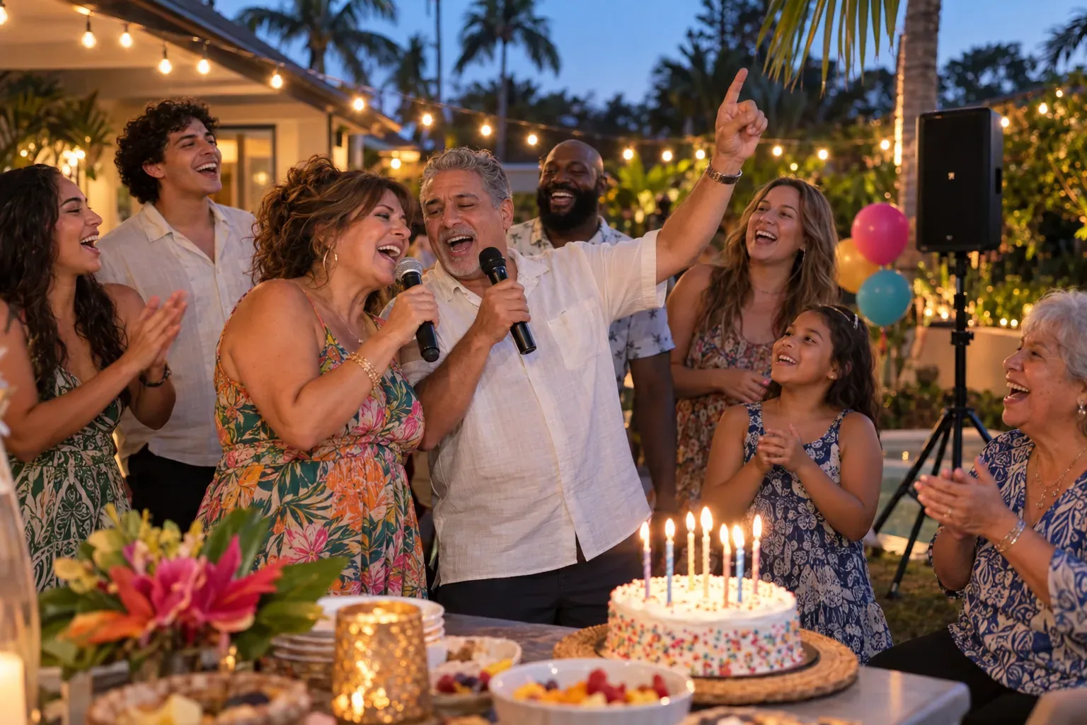 Family singing karaoke at a backyard birthday party with a lit cake and string lights