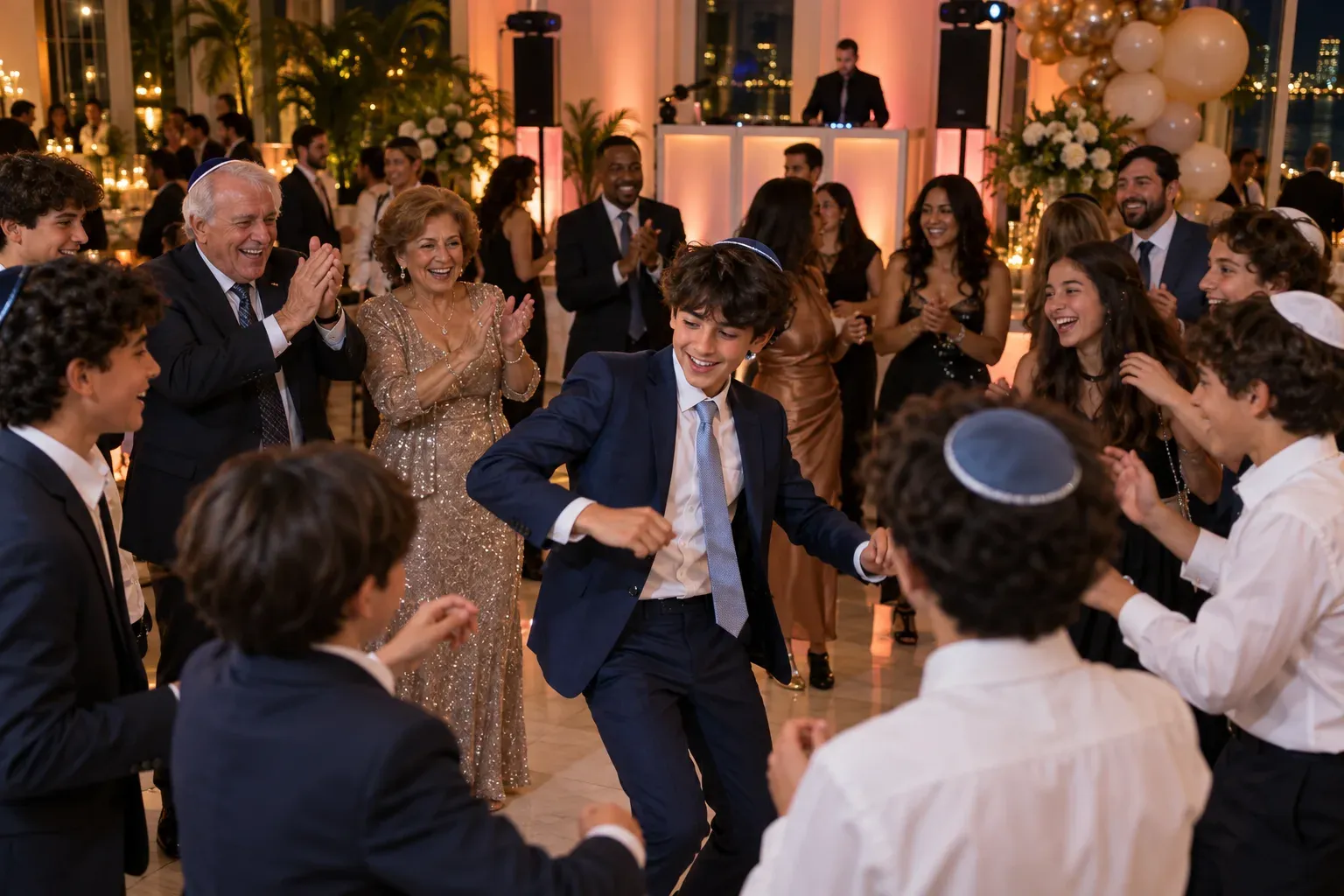 A teen celebrant dancing in a circle of family and friends at a Bar Mitzvah reception