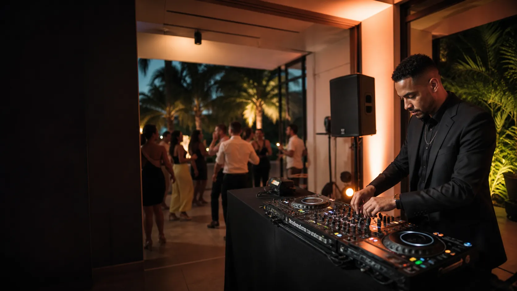 DJ operating a professional controller beside speakers at an evening event