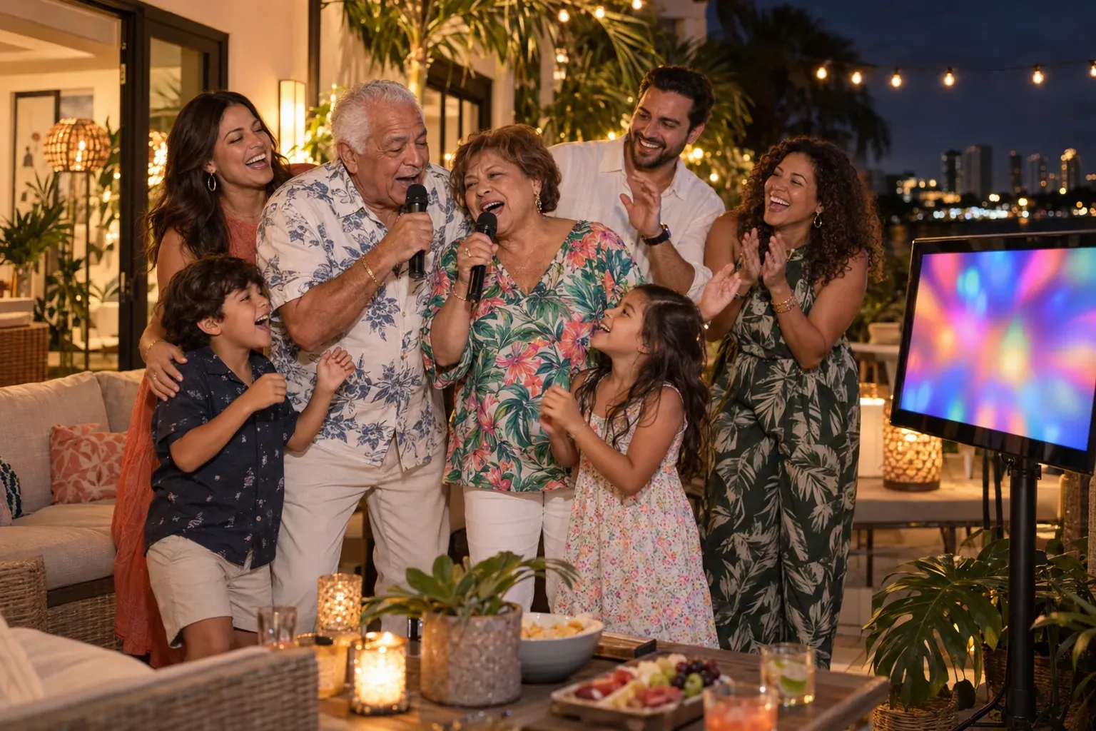 Grandparents, parents and kids sharing microphones at a family karaoke night on a patio