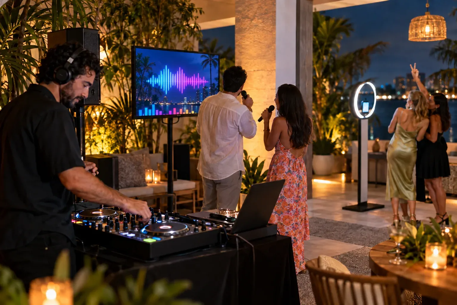 A DJ, karaoke singers and a photo booth at an evening party in Miami