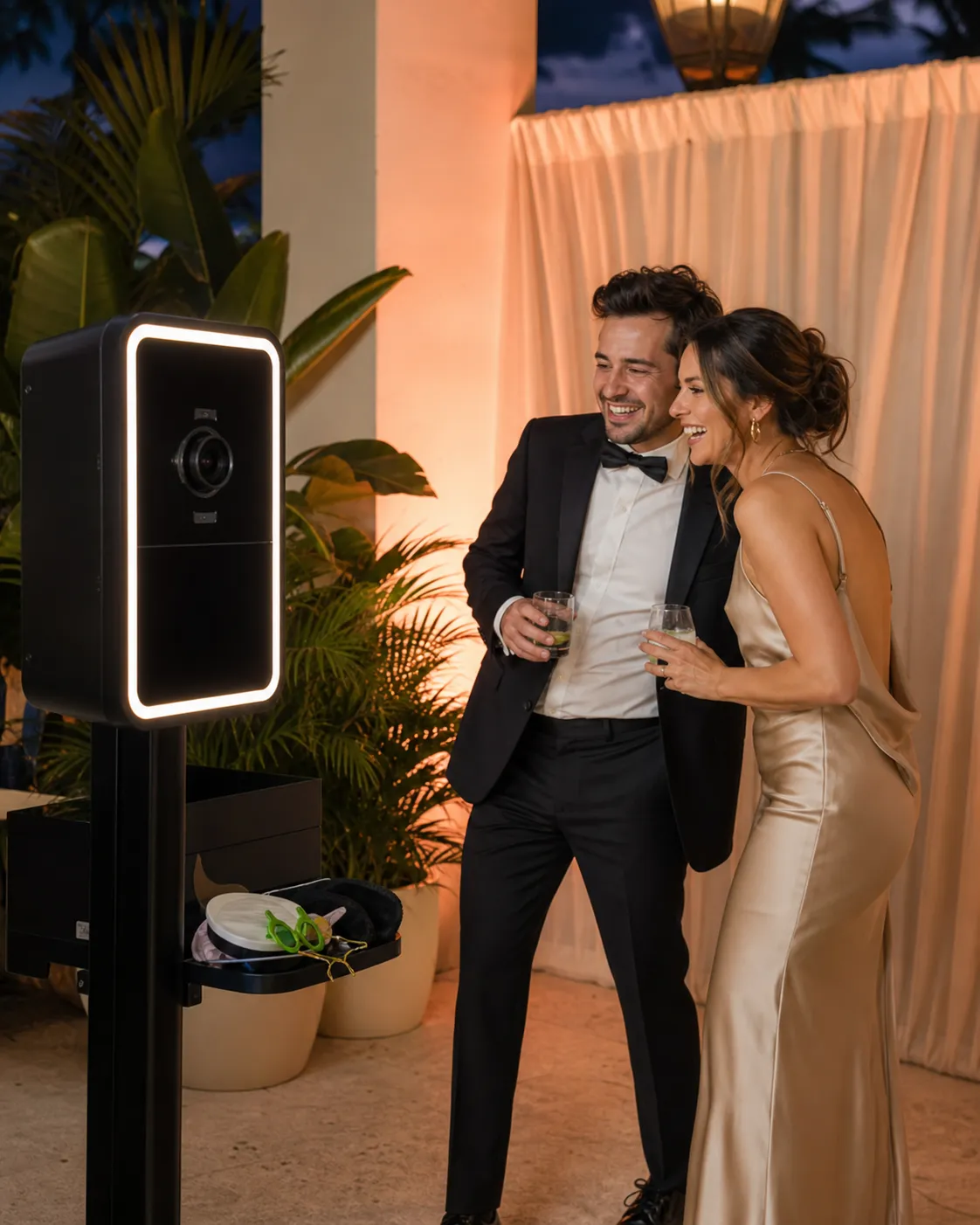 A couple using a modern open-air photo booth at a tropical evening reception