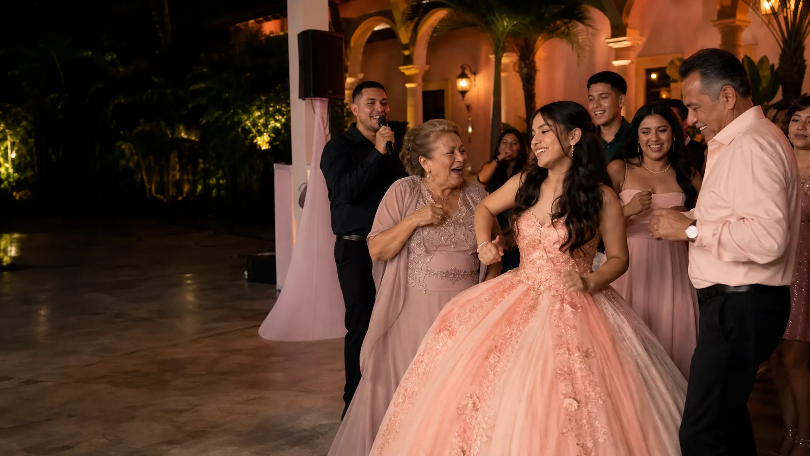 Family and friends dancing at an evening quinceañera celebration