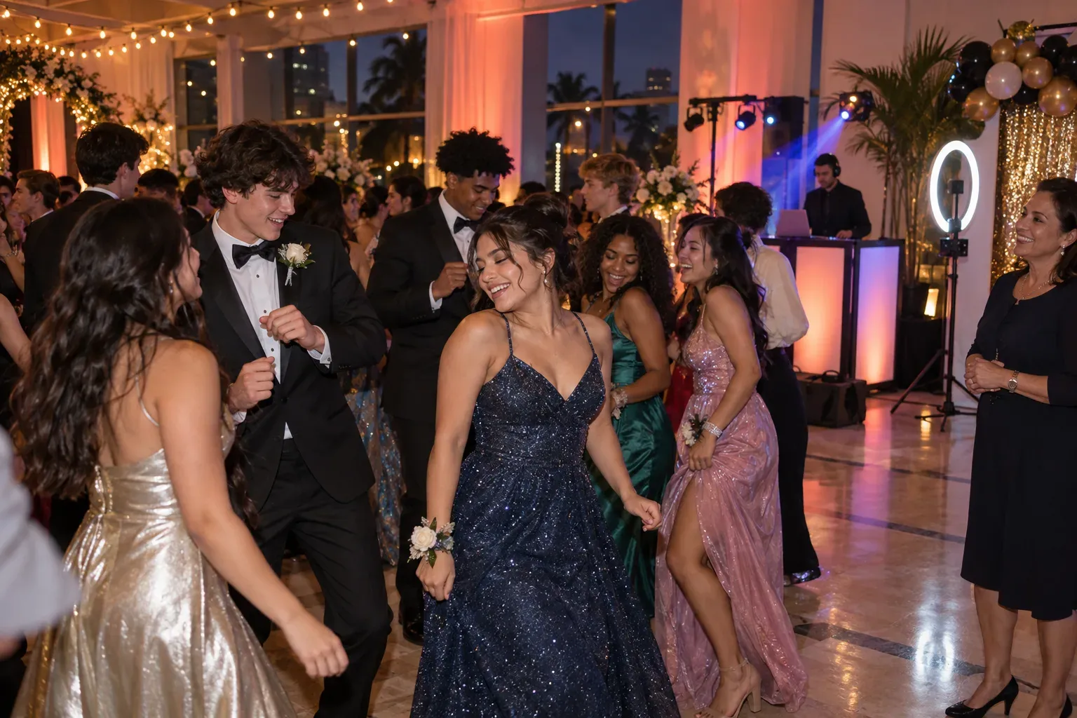 Students in formal wear dancing at a school prom with a DJ booth and photo booth