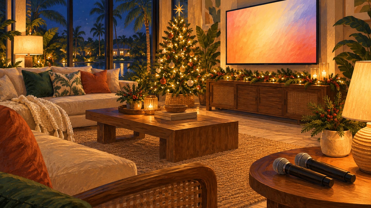 Illustration: a warm living room at night decorated for Christmas, with a small lit tree