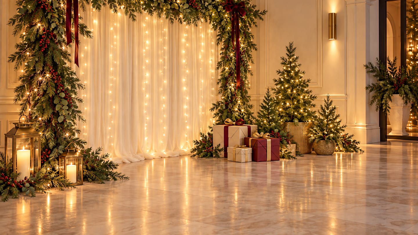 Illustration: a softly lit holiday backdrop corner in an elegant indoor event space, with warm fairy lights