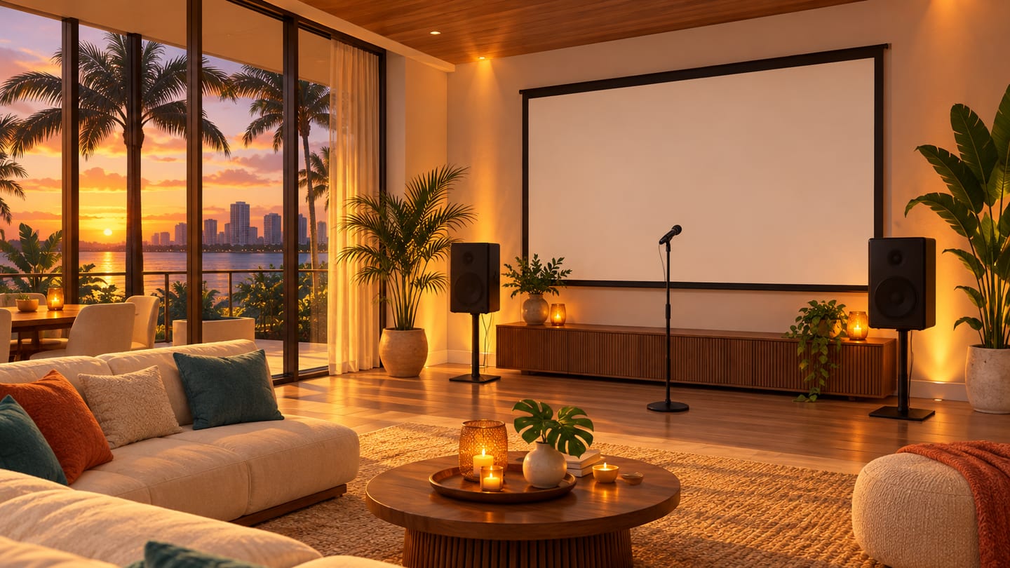 Illustration: a softly lit living room cleared for an evening party, with a microphone on a stand and two speakers near a wall screen