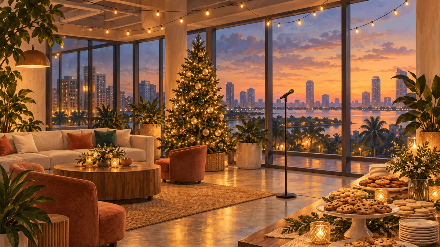 Illustration: an empty office lounge after hours with string lights, a small festive tree, a microphone on a stand and a cookie table