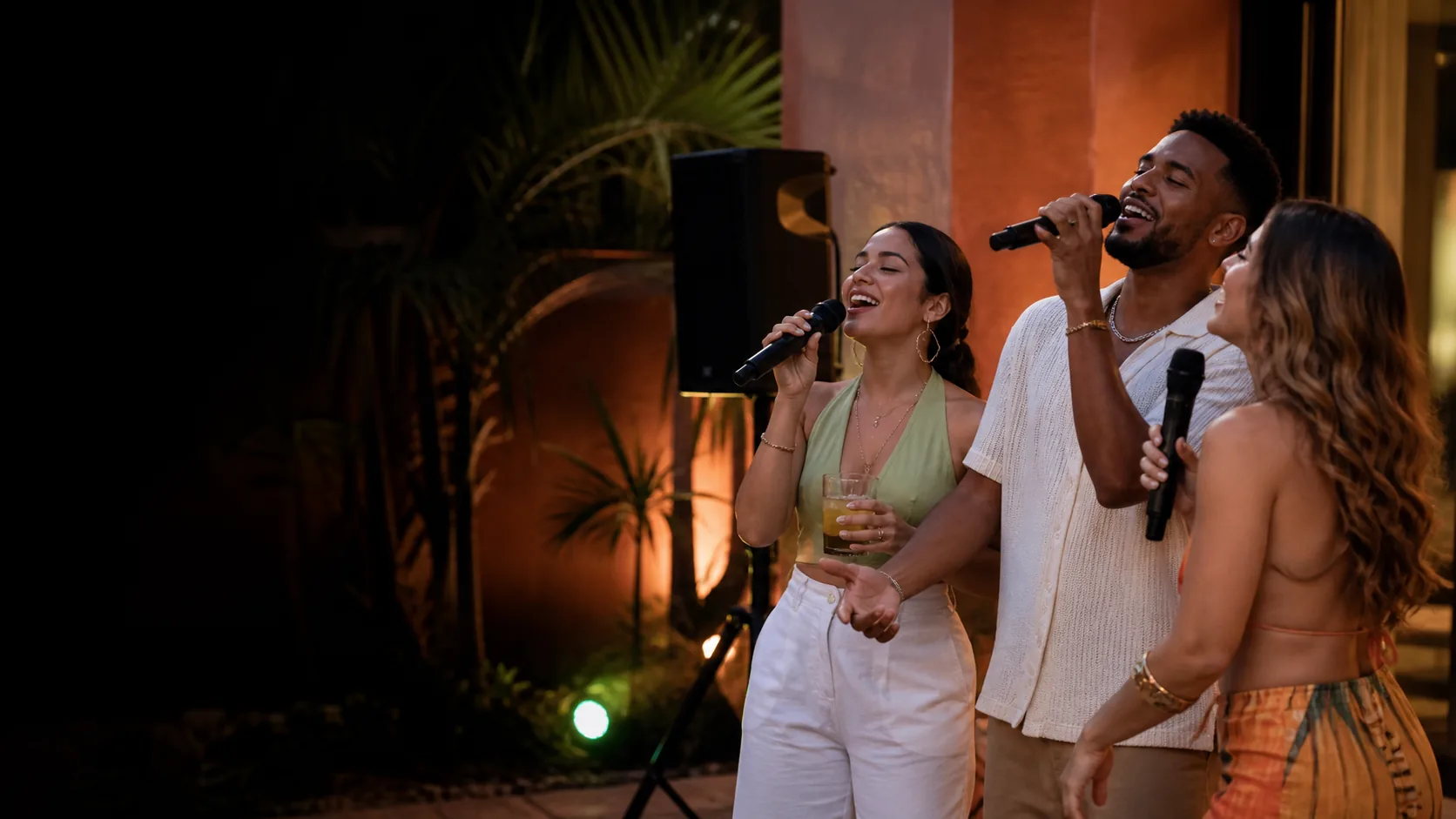 Friends singing into wireless microphones beside a party speaker at an evening celebration